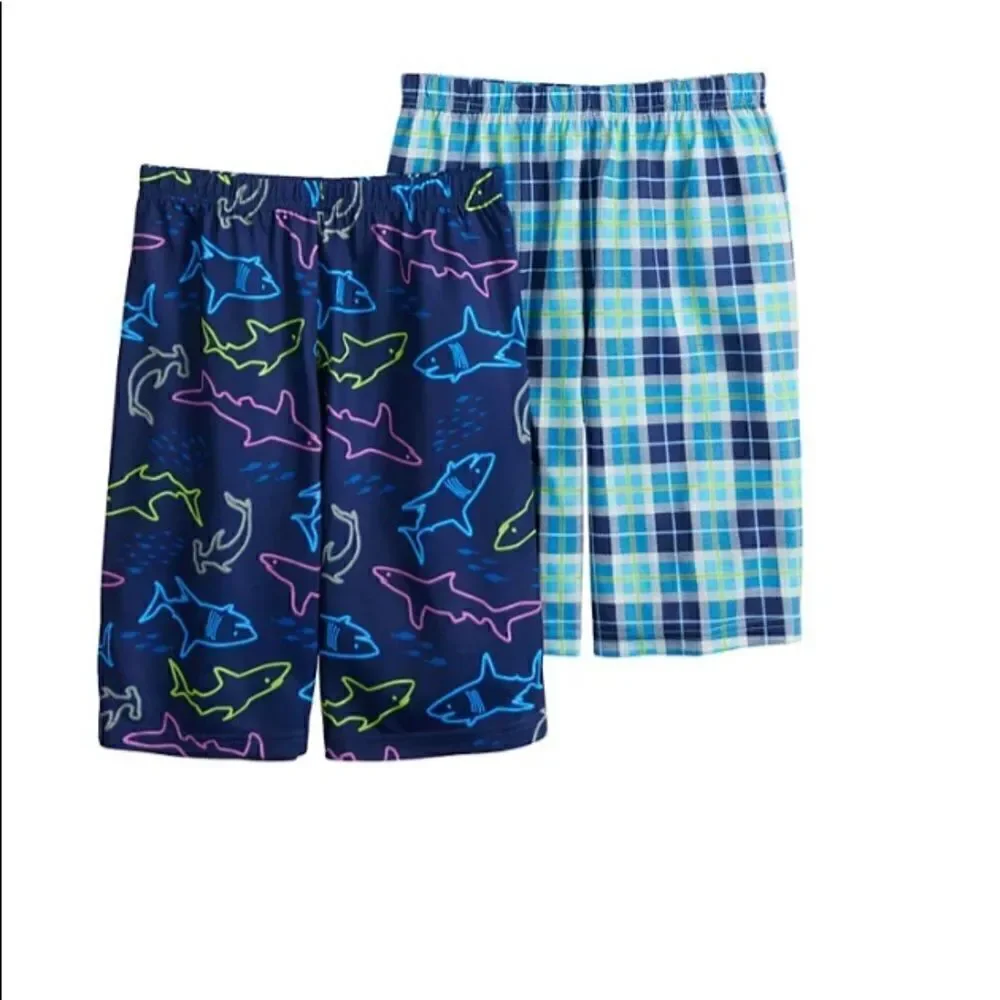UP-LATE Boys Medium (6/8) 2-Pack All Day Sleep Shorts -Shark and Plaid  Prints